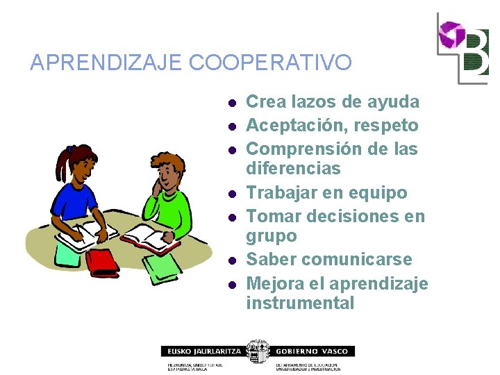 APRENDIZAJE COOPERATIVO l l l l Crea lazos de ayuda Aceptación, respeto Comprensión de