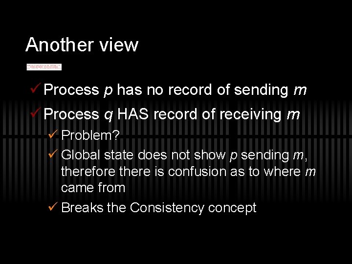 Another view ü Process p has no record of sending m ü Process q