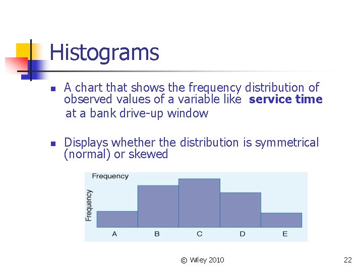 Histograms n n A chart that shows the frequency distribution of observed values of