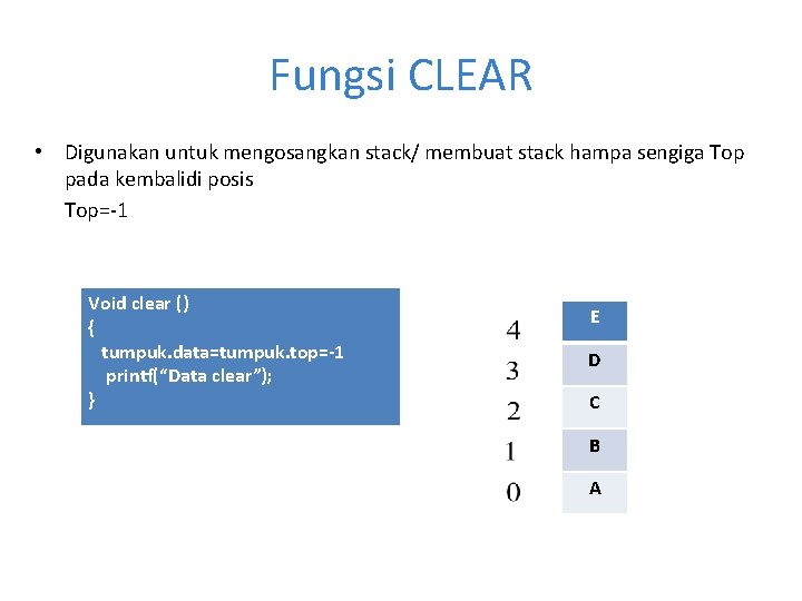 Fungsi CLEAR • Digunakan untuk mengosangkan stack/ membuat stack hampa sengiga Top pada kembalidi