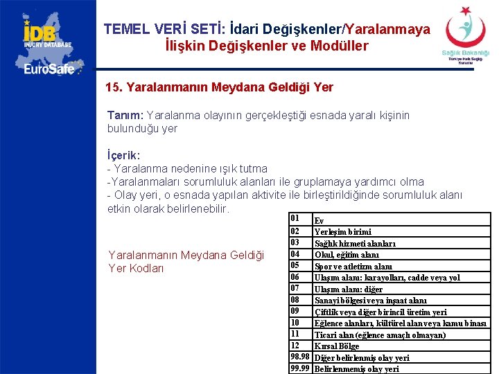 TEMEL VERİ SETİ: İdari Değişkenler/Yaralanmaya İlişkin Değişkenler ve Modüller 15. Yaralanmanın Meydana Geldiği Yer