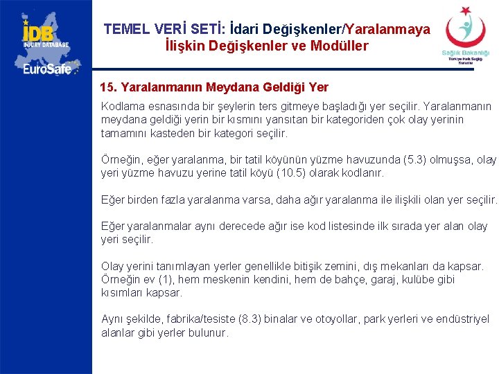 TEMEL VERİ SETİ: İdari Değişkenler/Yaralanmaya İlişkin Değişkenler ve Modüller 15. Yaralanmanın Meydana Geldiği Yer