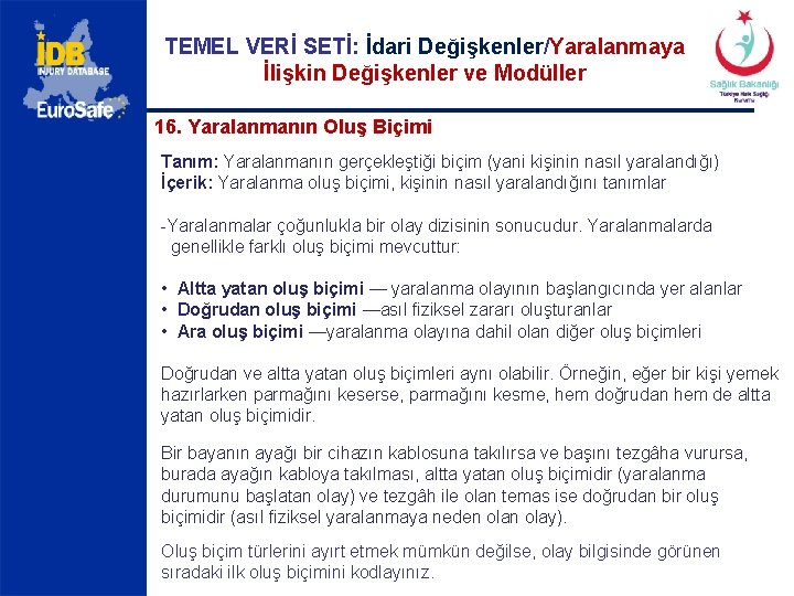 TEMEL VERİ SETİ: İdari Değişkenler/Yaralanmaya İlişkin Değişkenler ve Modüller 16. Yaralanmanın Oluş Biçimi Tanım: