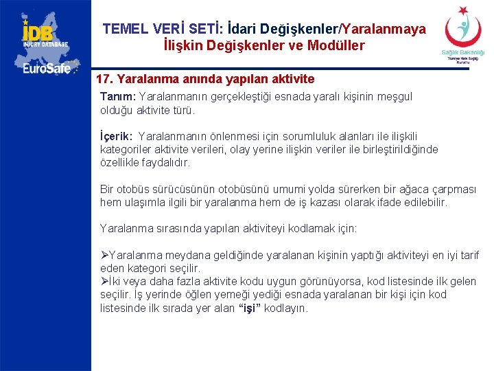 TEMEL VERİ SETİ: İdari Değişkenler/Yaralanmaya İlişkin Değişkenler ve Modüller 17. Yaralanma anında yapılan aktivite