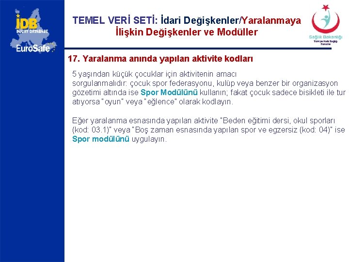 TEMEL VERİ SETİ: İdari Değişkenler/Yaralanmaya İlişkin Değişkenler ve Modüller 17. Yaralanma anında yapılan aktivite