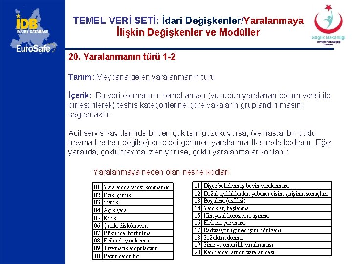 TEMEL VERİ SETİ: İdari Değişkenler/Yaralanmaya İlişkin Değişkenler ve Modüller 20. Yaralanmanın türü 1 -2