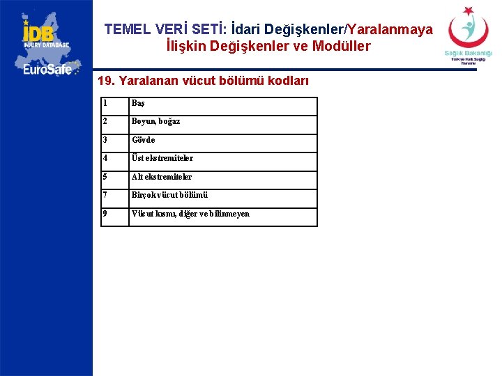 TEMEL VERİ SETİ: İdari Değişkenler/Yaralanmaya İlişkin Değişkenler ve Modüller 19. Yaralanan vücut bölümü kodları