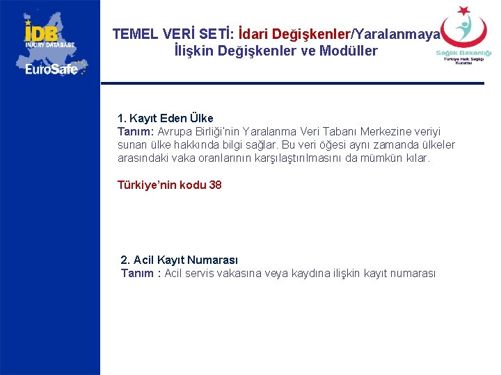 TEMEL VERİ SETİ: İdari Değişkenler/Yaralanmaya İlişkin Değişkenler ve Modüller 1. Kayıt Eden Ülke Tanım: