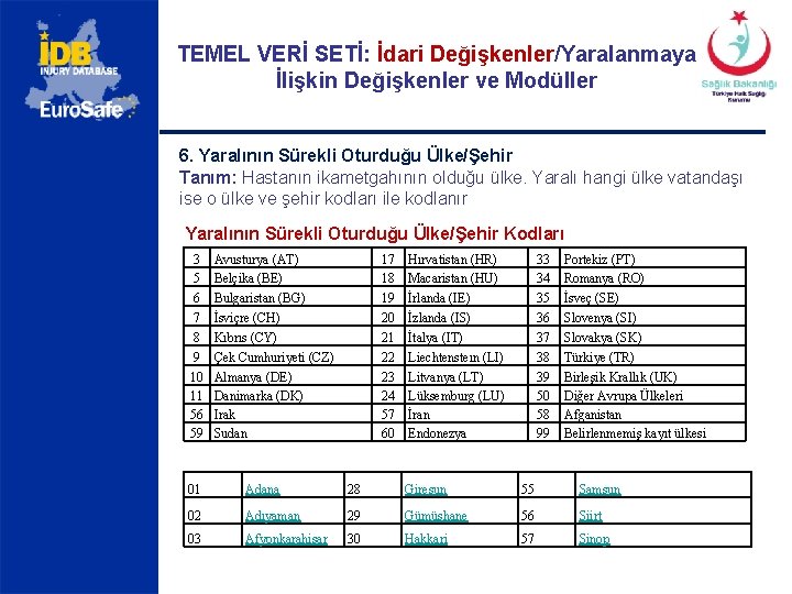 TEMEL VERİ SETİ: İdari Değişkenler/Yaralanmaya İlişkin Değişkenler ve Modüller 6. Yaralının Sürekli Oturduğu Ülke/Şehir