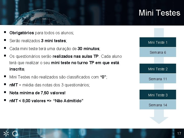 Mini Testes § § Obrigatórios para todos os alunos; Serão realizados 3 mini testes;