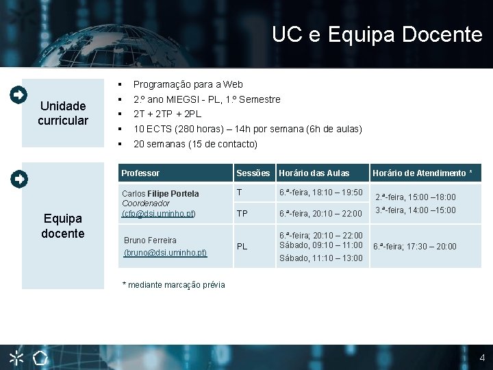 UC e Equipa Docente Unidade curricular Equipa docente § Programação para a Web §