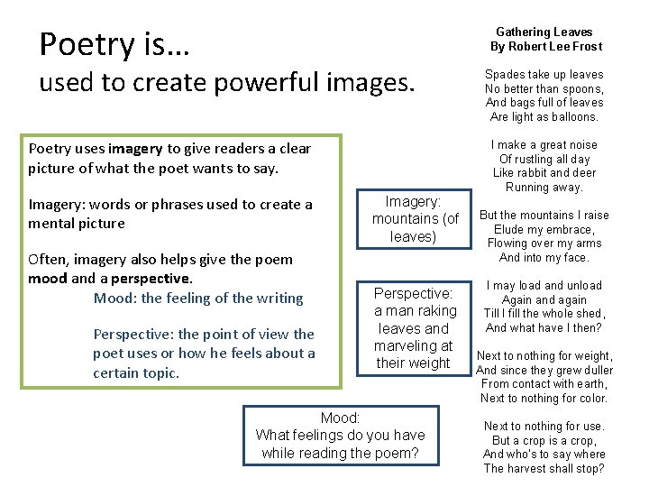 Poetry is… Gathering Leaves By Robert Lee Frost used to create powerful images. I