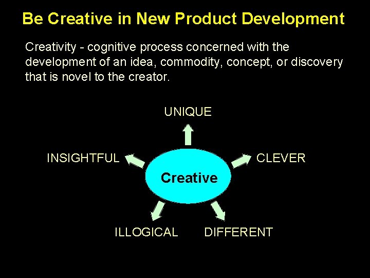 Be Creative in New Product Development Creativity - cognitive process concerned with the development