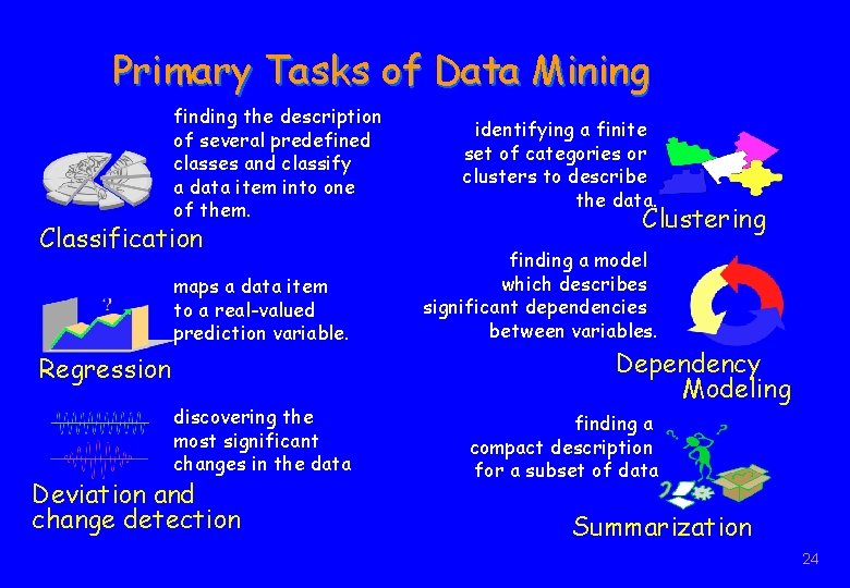 Primary Tasks of Data Mining finding the description of several predefined classes and classify