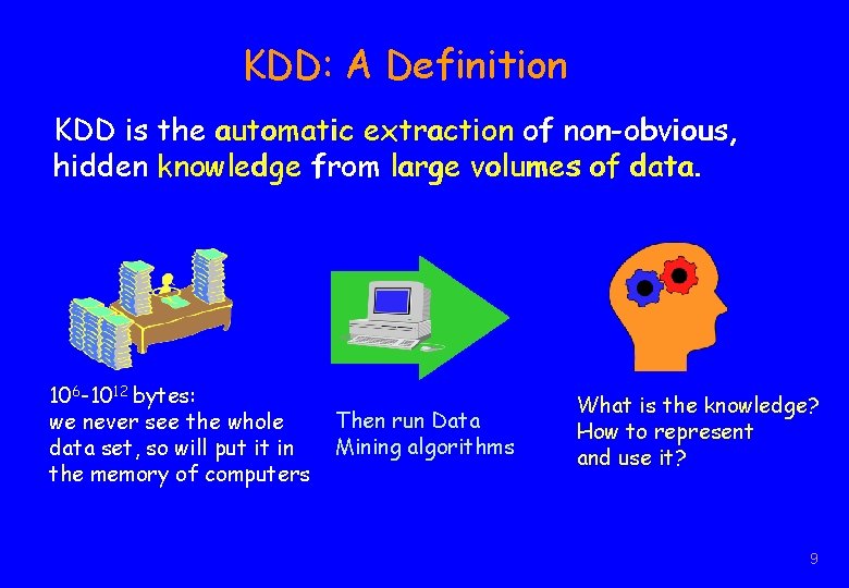 KDD: A Definition KDD is the automatic extraction of non-obvious, hidden knowledge from large