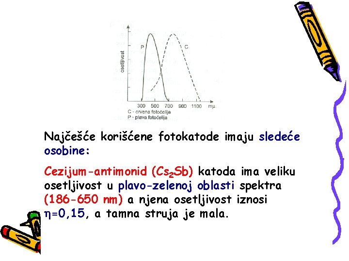 Najčešće korišćene fotokatode imaju sledeće osobine: Cezijum-antimonid (Cs 2 Sb) katoda ima veliku osetljivost