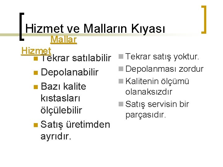 Hizmet ve Malların Kıyası Mallar Hizmet n Tekrar satılabilir n Depolanabilir n Bazı kalite