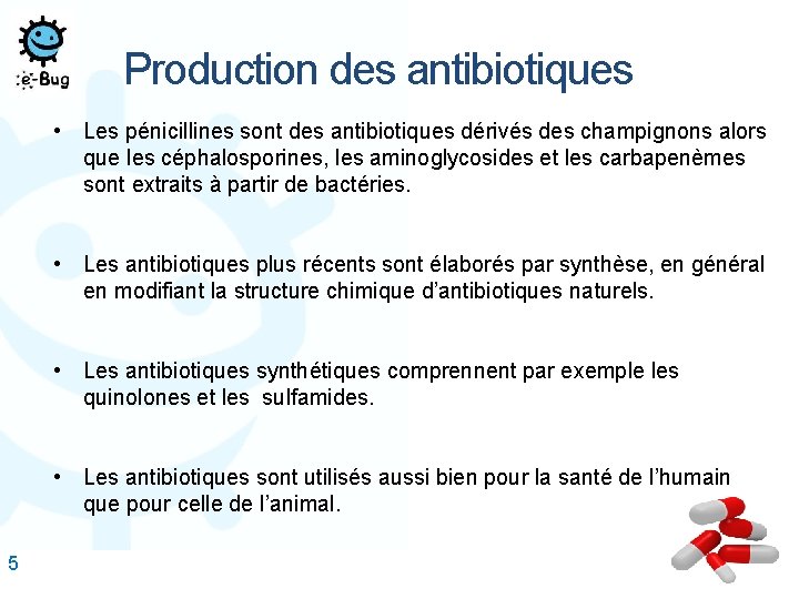  5 Production des antibiotiques • Les pénicillines sont des antibiotiques dérivés des champignons