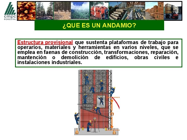 ¿QUE ES UN ANDAMIO? Estructura provisional que sustenta plataformas de trabajo para operarios, materiales
