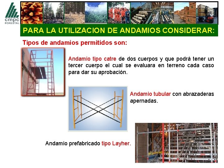 PARA LA UTILIZACION DE ANDAMIOS CONSIDERAR: Tipos de andamios permitidos son: Andamio tipo catre