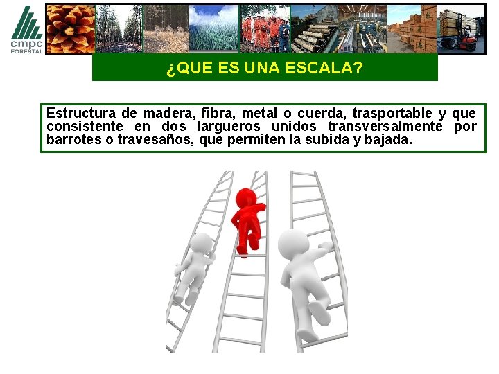 ¿QUE ES UNA ESCALA? Estructura de madera, fibra, metal o cuerda, trasportable y que