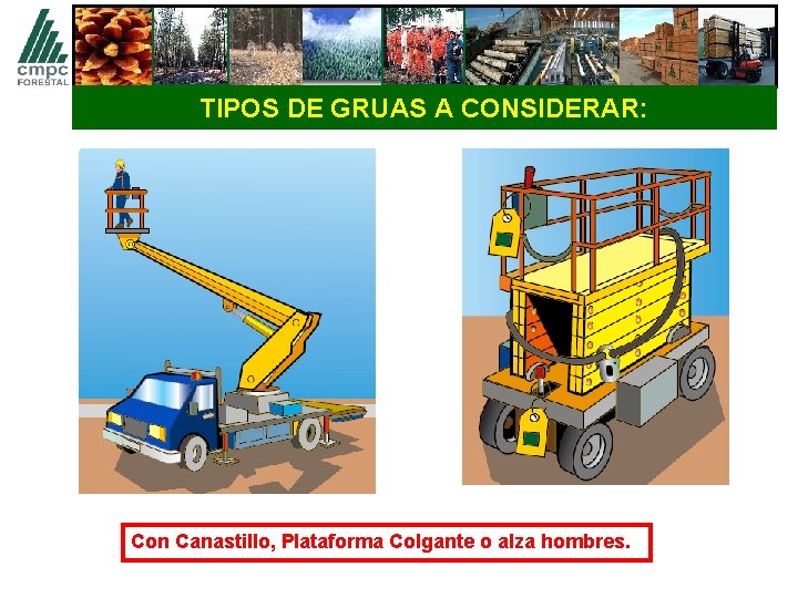 TIPOS DE GRUAS A CONSIDERAR: Con Canastillo, Plataforma Colgante o alza hombres. 