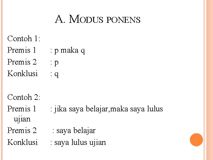 A. MODUS PONENS Contoh 1: Premis 1 Premis 2 Konklusi Contoh 2: Premis 1 A. MODUS PONENS Contoh 1: Premis 1 Premis 2 Konklusi Contoh 2: Premis 1