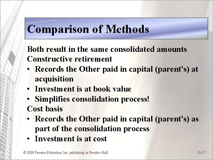 Comparison of Methods Both result in the same consolidated amounts Constructive retirement • Records