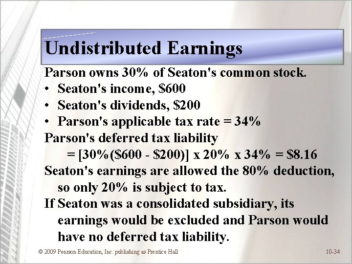Undistributed Earnings Parson owns 30% of Seaton's common stock. • Seaton's income, $600 •