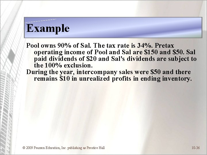 Example Pool owns 90% of Sal. The tax rate is 34%. Pretax operating income