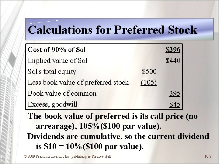 Calculations for Preferred Stock Cost of 90% of Sol Implied value of Sol's total