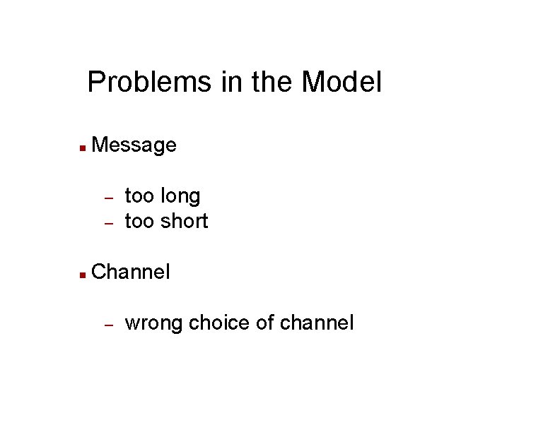 Problems in the Model n Message – – n too long too short Channel