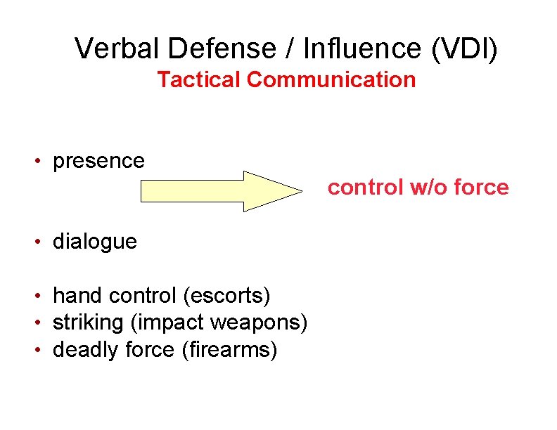 Verbal Defense / Influence (VDI) Tactical Communication • presence control w/o force • dialogue