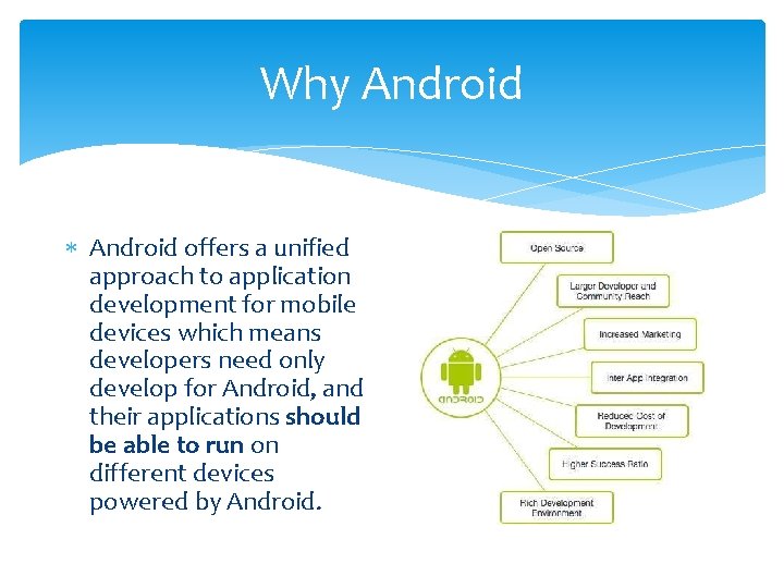 Why Android offers a unified approach to application development for mobile devices which means