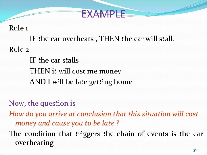 EXAMPLE Rule 1 IF the car overheats , THEN the car will stall. Rule