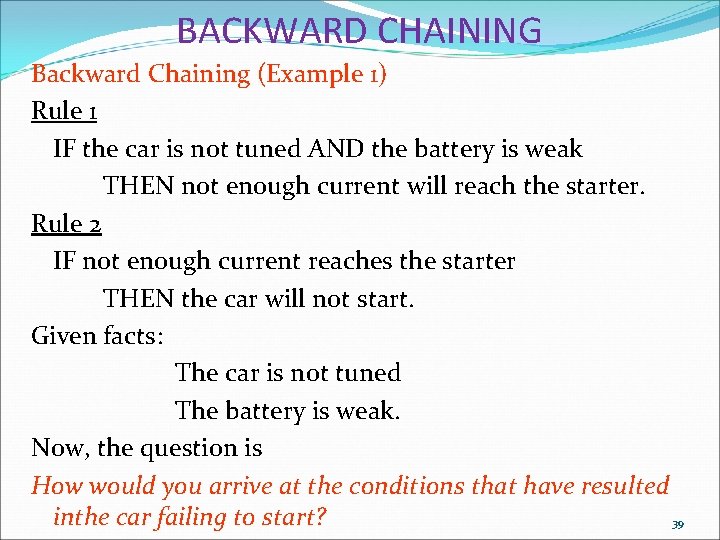 BACKWARD CHAINING Backward Chaining (Example 1) Rule 1 IF the car is not tuned