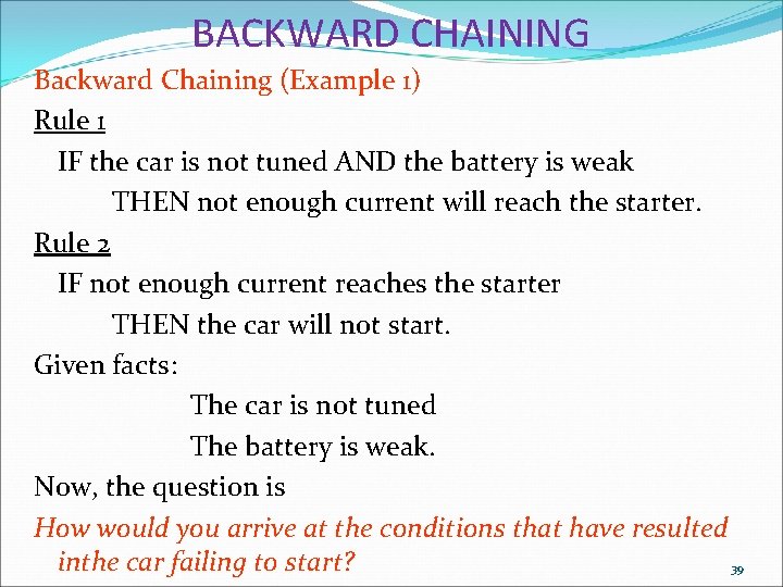 BACKWARD CHAINING Backward Chaining (Example 1) Rule 1 IF the car is not tuned BACKWARD CHAINING Backward Chaining (Example 1) Rule 1 IF the car is not tuned