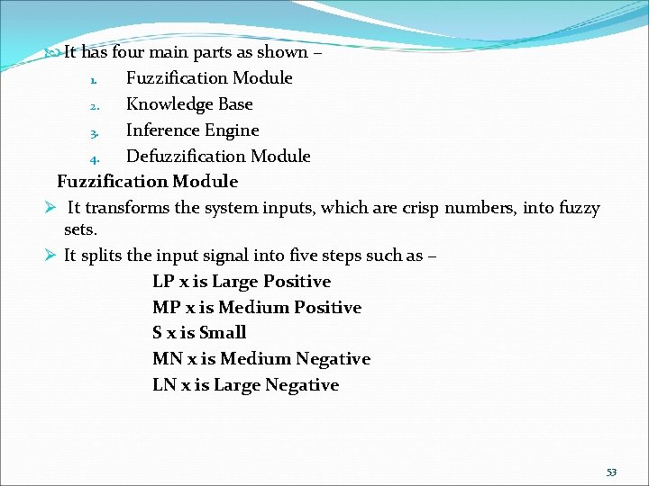  It has four main parts as shown − 1. Fuzzification Module 2. Knowledge