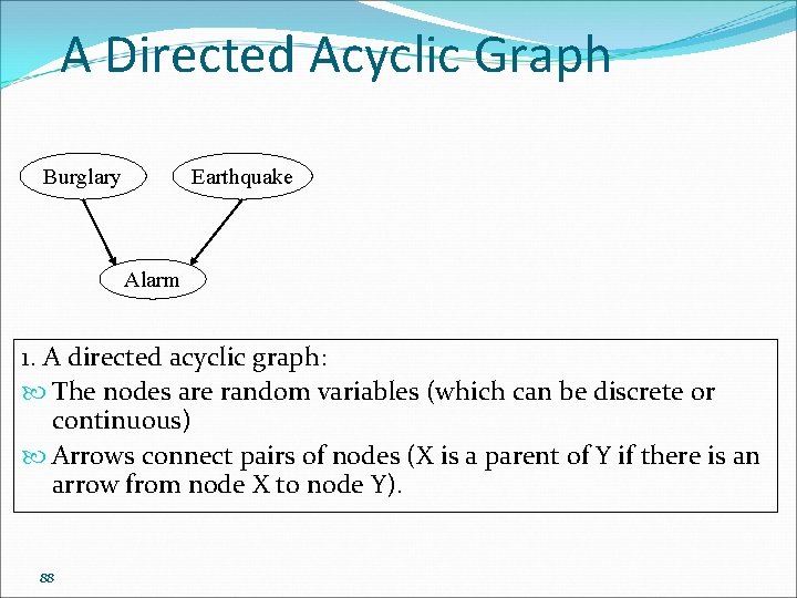 A Directed Acyclic Graph Burglary Earthquake Alarm 1. A directed acyclic graph: The nodes