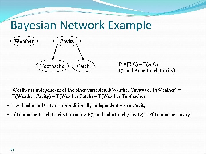 Bayesian Network Example Weather Cavity Toothache Catch P(A|B, C) = P(A|C) I(Tooth. Ache, Catch|Cavity)
