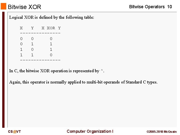 Bitwise XOR Bitwise Operators 10 Logical XOR is defined by the following table: X