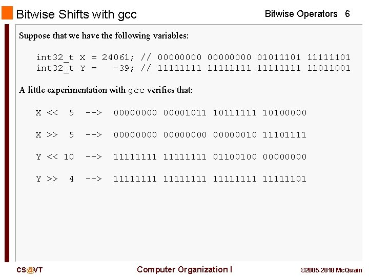 Bitwise Shifts with gcc Bitwise Operators 6 Suppose that we have the following variables: