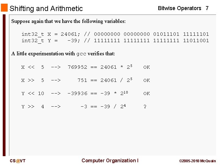 Shifting and Arithmetic Bitwise Operators 7 Suppose again that we have the following variables: Shifting and Arithmetic Bitwise Operators 7 Suppose again that we have the following variables: