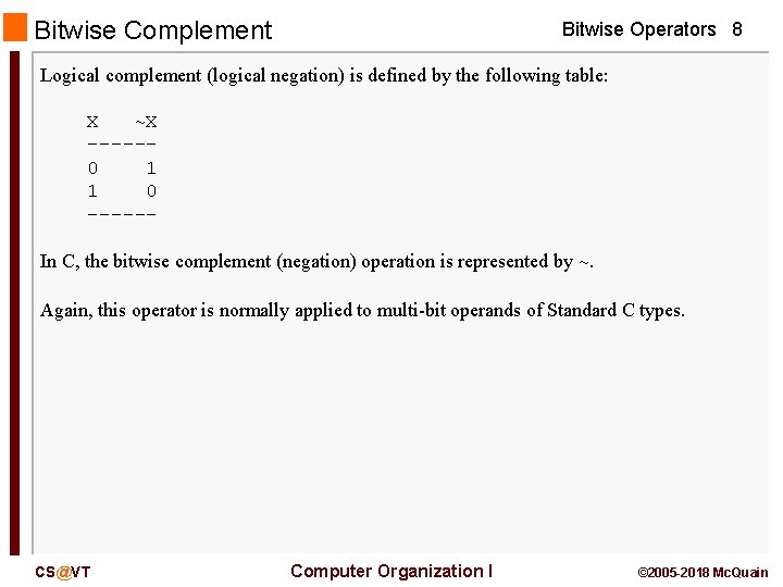 Bitwise Complement Bitwise Operators 8 Logical complement (logical negation) is defined by the following Bitwise Complement Bitwise Operators 8 Logical complement (logical negation) is defined by the following