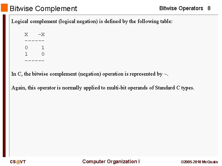 Bitwise Complement Bitwise Operators 8 Logical complement (logical negation) is defined by the following