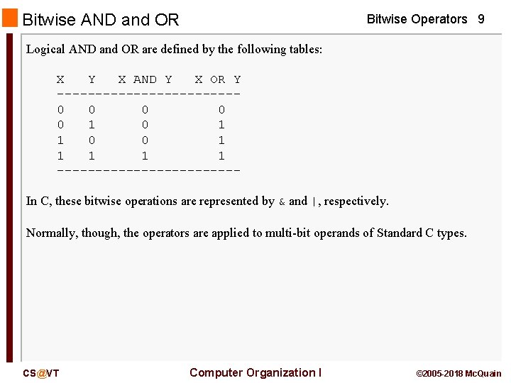 Bitwise AND and OR Bitwise Operators 9 Logical AND and OR are defined by