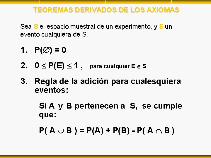TEOREMAS DERIVADOS DE LOS AXIOMAS Sea S el espacio muestral de un experimento, y TEOREMAS DERIVADOS DE LOS AXIOMAS Sea S el espacio muestral de un experimento, y