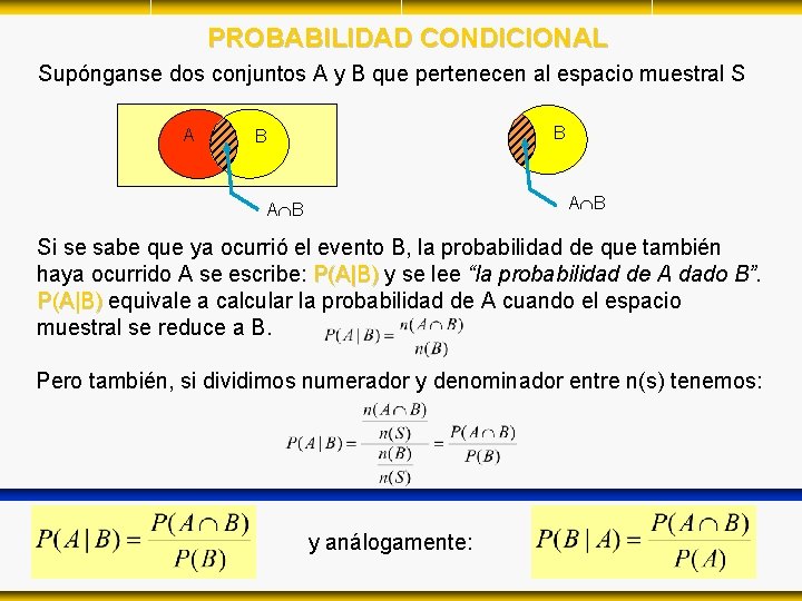 PROBABILIDAD CONDICIONAL Supónganse dos conjuntos A y B que pertenecen al espacio muestral S PROBABILIDAD CONDICIONAL Supónganse dos conjuntos A y B que pertenecen al espacio muestral S