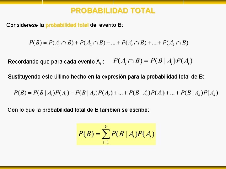 PROBABILIDAD TOTAL Considerese la probabilidad total del evento B: Recordando que para cada evento PROBABILIDAD TOTAL Considerese la probabilidad total del evento B: Recordando que para cada evento