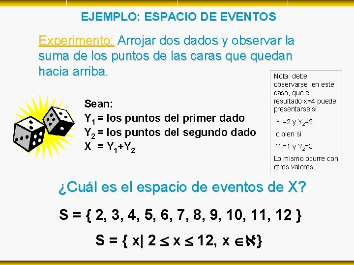 EJEMPLO: ESPACIO DE EVENTOS Experimento: Arrojar dos dados y observar la suma de los EJEMPLO: ESPACIO DE EVENTOS Experimento: Arrojar dos dados y observar la suma de los